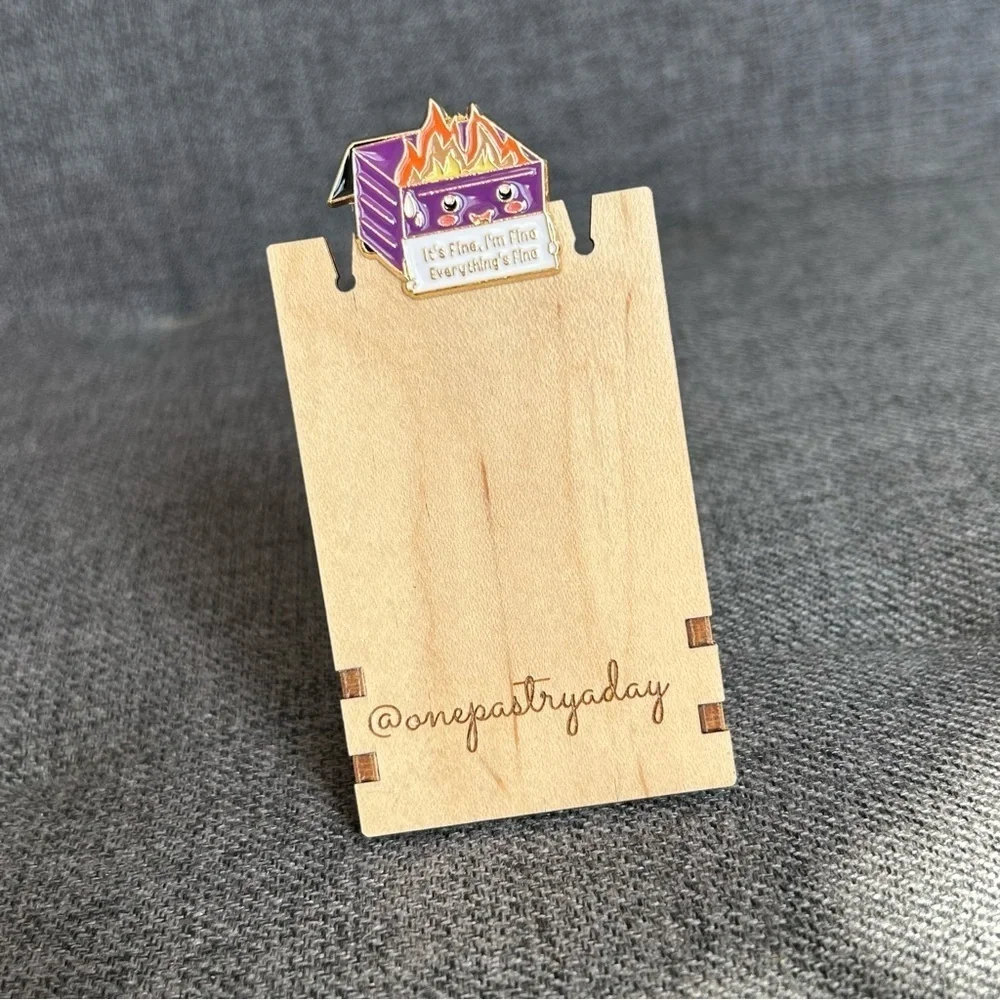 Funny Dumpster Fire “It’s Fine, I’m Fine, Everything’s Fine” Pin, Dark Purple